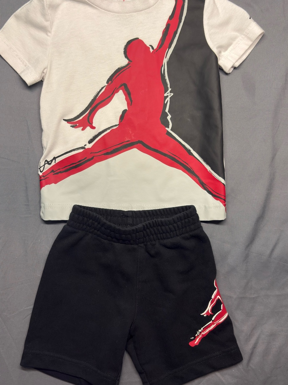 Jordan White Tee with Red Jumpman and Black Shorts